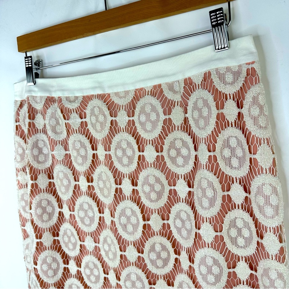 Byron Lars Ivory & Blush Pink Knee Length Contrast Overlay Lace Pencil Skirt 12 - Picture 3 of 9